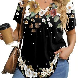 Womens Plus Size Tunic Top Summer Short Sleeve T-Shirt V-neck Button Up Dressy B